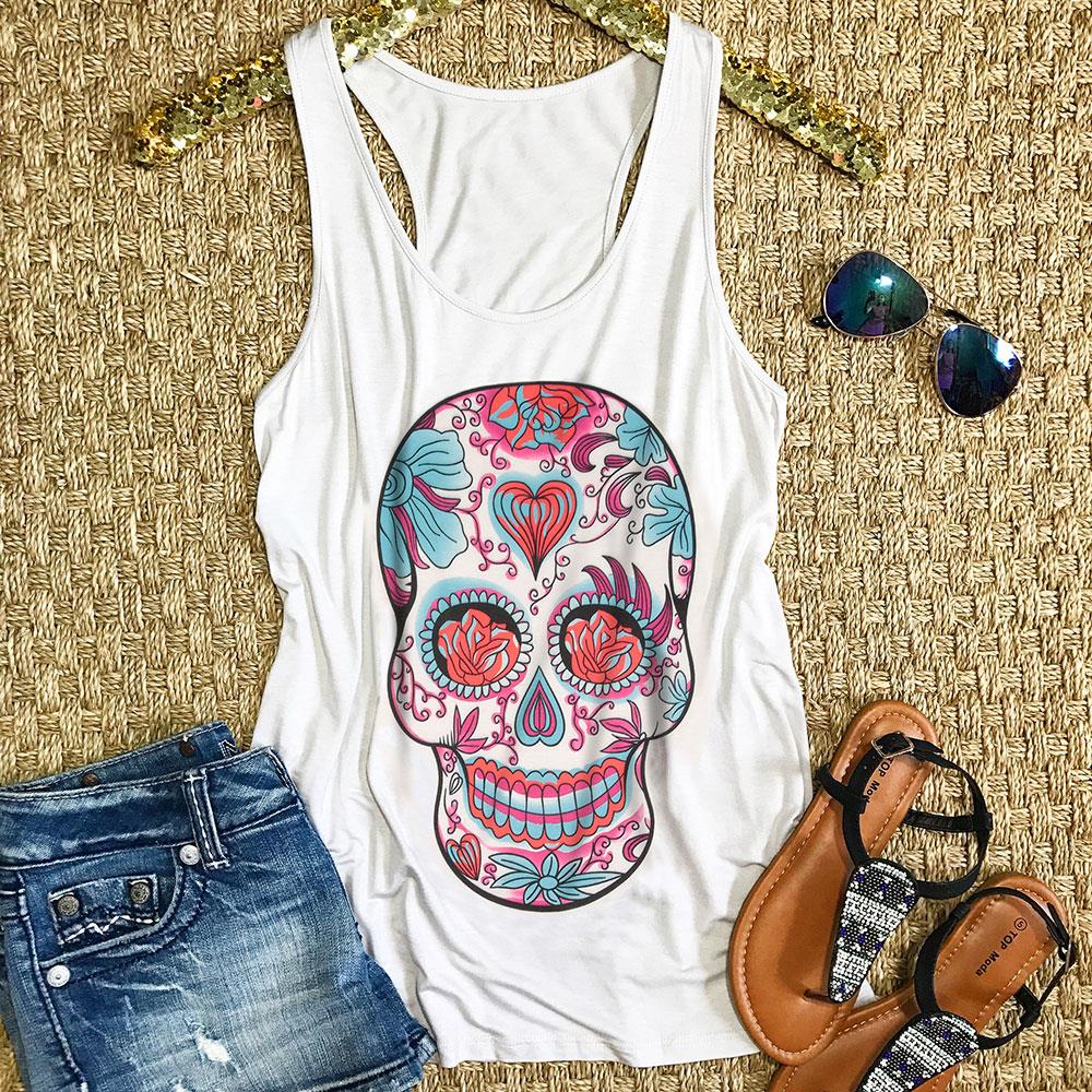 Tank Top Sugar Skull Floral Racerback Skull Pattern