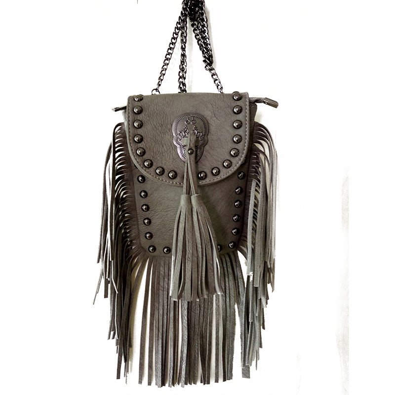 women black tassel bag classic flap bag PU leather small shoulder crossbody bags for women Rivets Skull clutch handbag