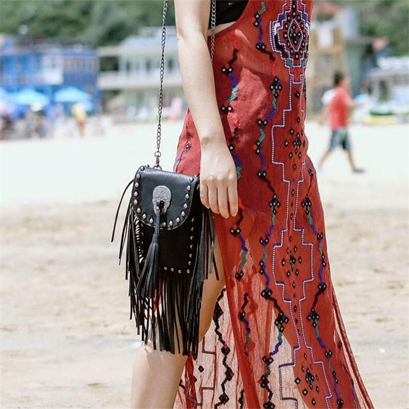 women black tassel bag classic flap bag PU leather small shoulder crossbody bags for women Rivets Skull clutch handbag