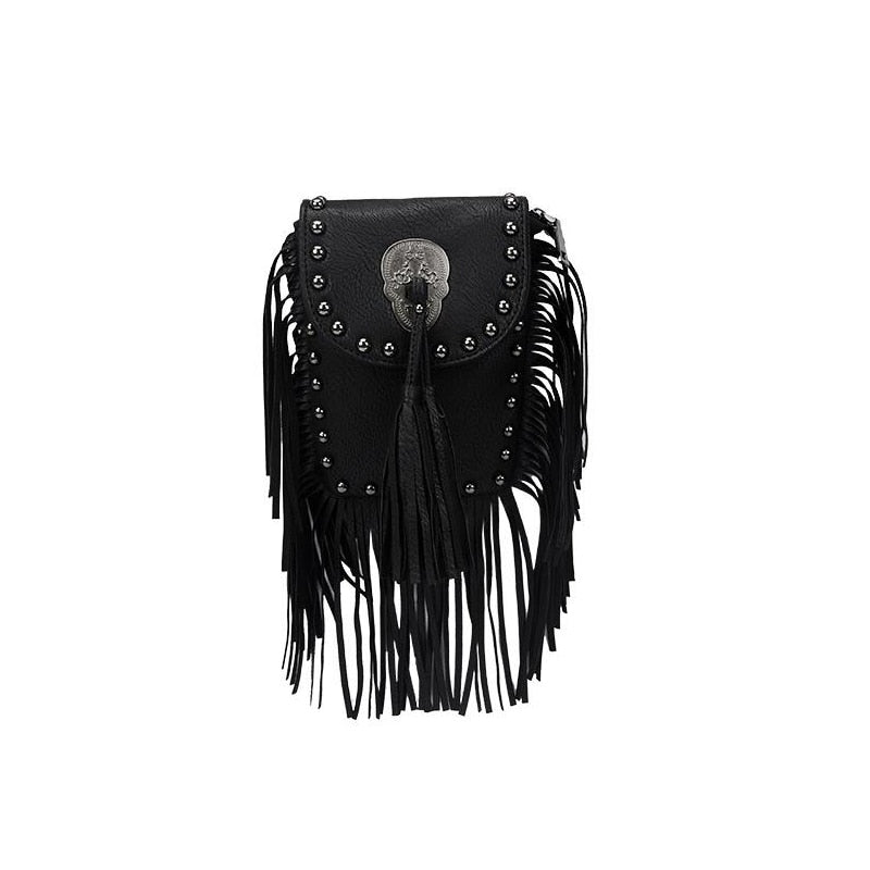 women black tassel bag classic flap bag PU leather small shoulder crossbody bags for women Rivets Skull clutch handbag