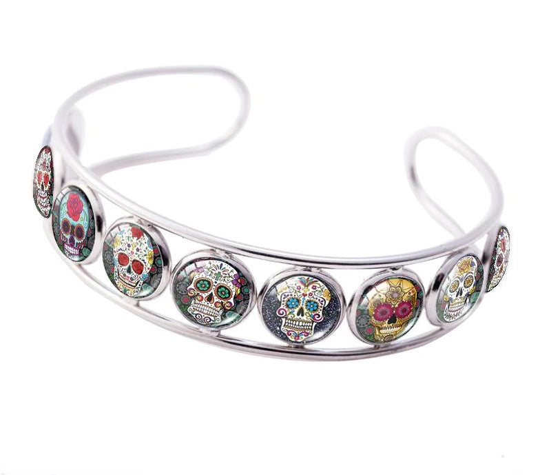 New Sugar Skull Cuff Bracelet Flower Skulls Bracelets