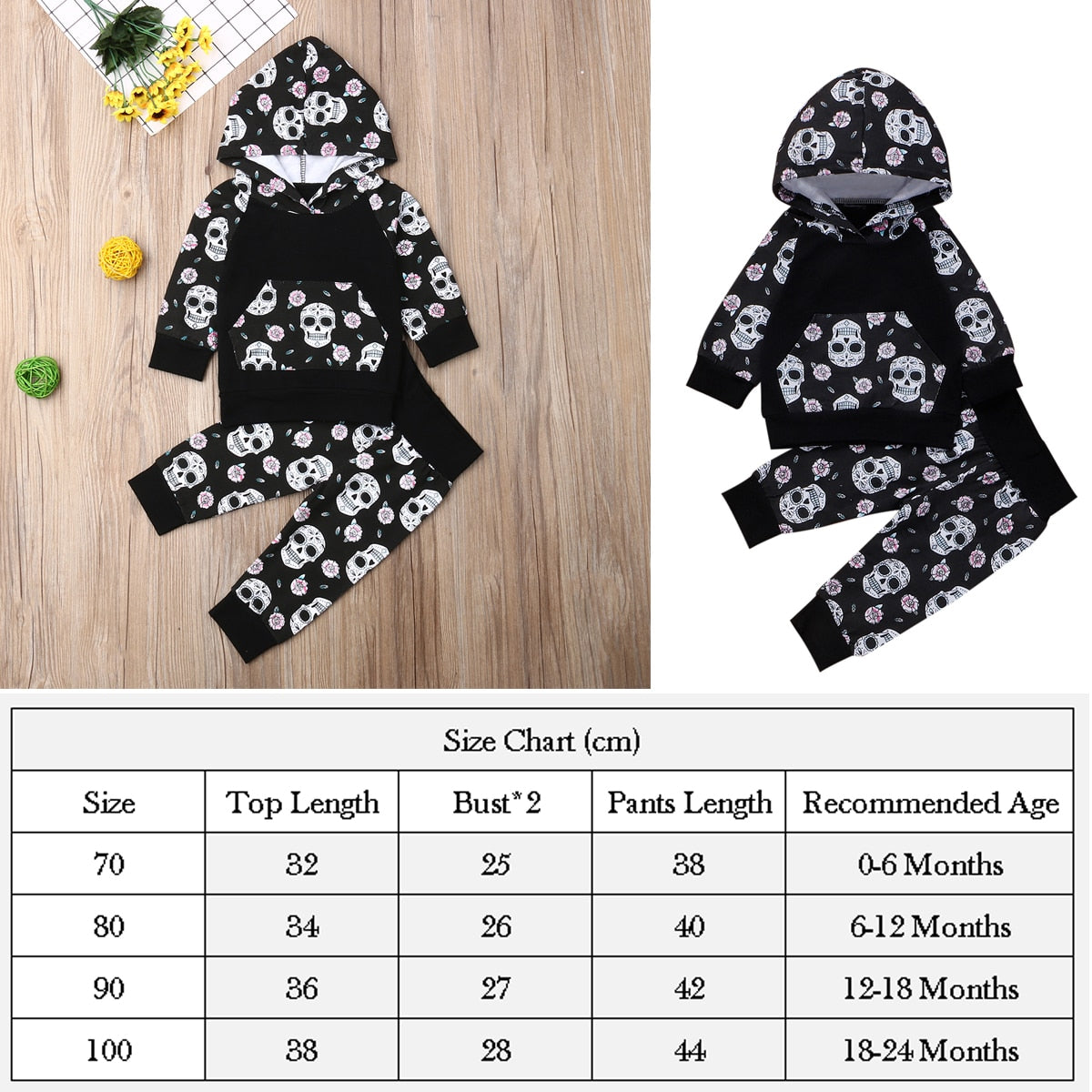 Newborn baby sugar skull clothes suit hooded sweater top+ pants