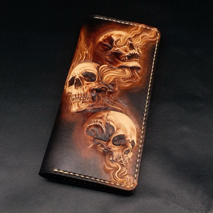Handmade Wallets Carving Three Skulls Purses Men Long Clutch Vegetable Tanned Leather Wallet Card Holder