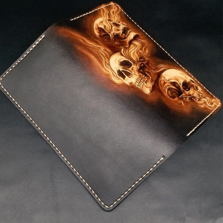 Handmade Wallets Carving Three Skulls Purses Men Long Clutch Vegetable Tanned Leather Wallet Card Holder