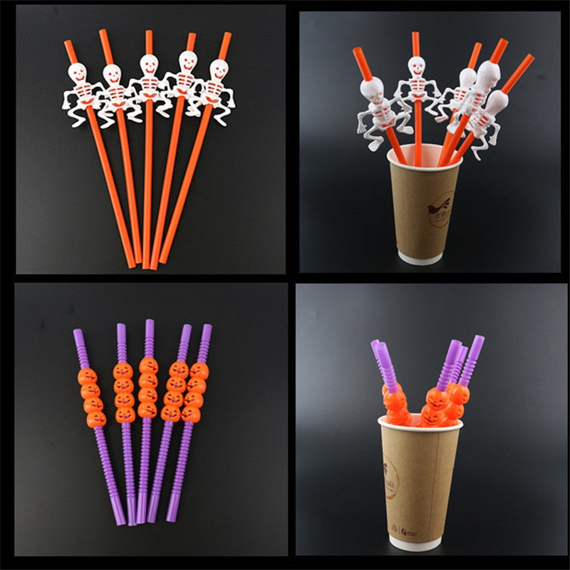 20pcs Halloween Cartoon Skull/Pumpkin Drinking Straws Halloween Holiday