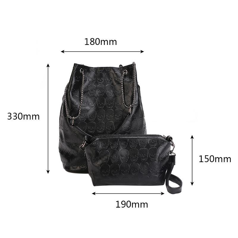 Vintage Skull Shoulder Bags Composite Bags Women Bucket PU Leather Female Black Handbags Ladies Casual Chain Tote Bags
