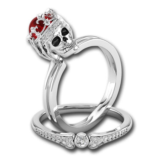 2PCS Red Ring Cubic Skull Silver Color Rings For Women Girls Christmas Party Jewellery Gifts