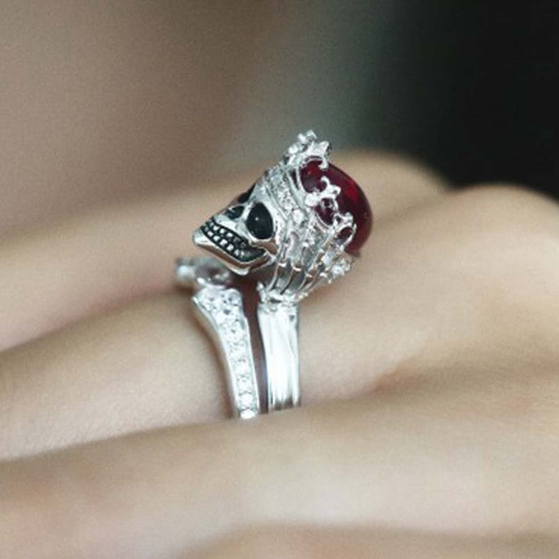 2PCS Red Ring Cubic Skull Silver Color Rings For Women Girls Christmas Party Jewellery Gifts