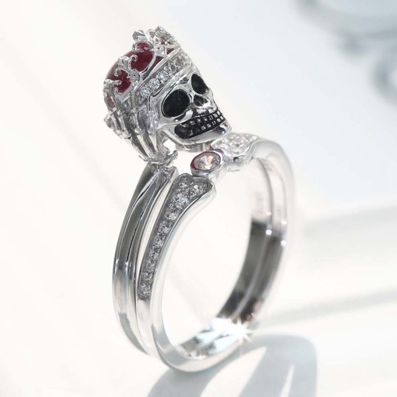 2PCS Red Ring Cubic Skull Silver Color Rings For Women Girls Christmas Party Jewellery Gifts