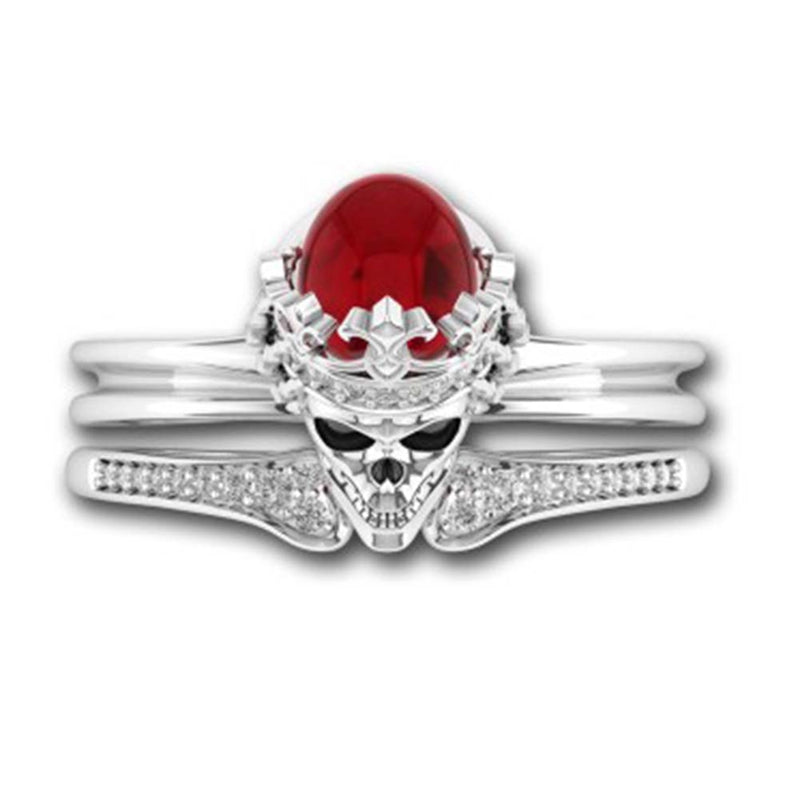 2PCS Red Ring Cubic Skull Silver Color Rings For Women Girls Christmas Party Jewellery Gifts
