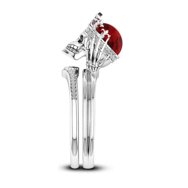 2PCS Red Ring Cubic Skull Silver Color Rings For Women Girls Christmas Party Jewellery Gifts