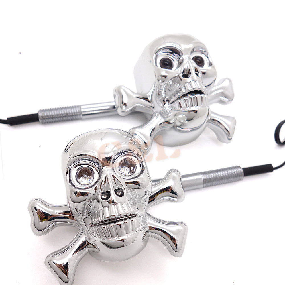 2X Motorcycle Chrome ABS Skull LED Turn Signal Lights For Harley CUSTOM CAFE Crusier Chopper