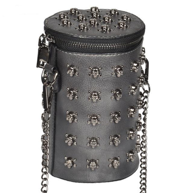 Punk Style Women Bucket Shoulder Bag Gothic Skull Punk Rivets Bags PU Leather Metal Chain Crossbody Messenger Bag