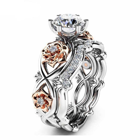 2pcs Set Crystal Wedding Rings Rhinestone Rings for Women Infinity Love Rose Flower Ring Full Size anillos mujer Silver Color