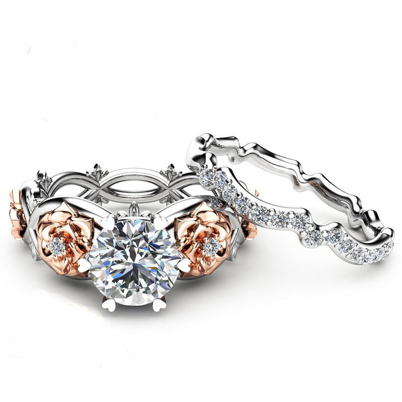 2pcs Set Crystal Wedding Rings Rhinestone Rings for Women Infinity Love Rose Flower Ring Full Size anillos mujer Silver Color