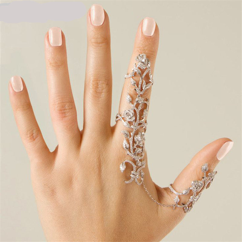 Hot-Selling Occident Women Chic Alloy+Rhinestone Shiny Crystal Floral Ring Celebrity Party Connect Full 2 Finger Rings