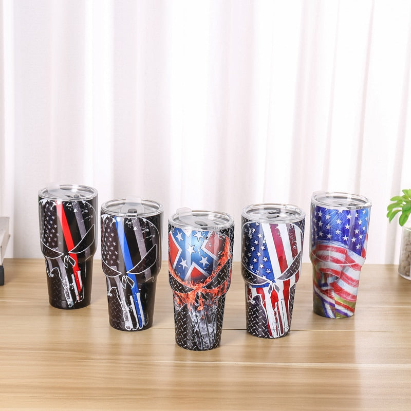 30oz America Skull Thermos Mug Vacuum Flask Stainless Steel tumbler Mug