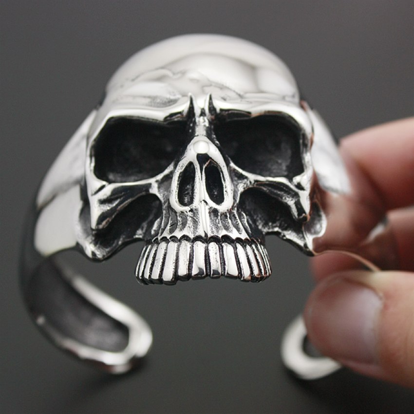 316L Stainless Steel Huge Heavy Skull Mens Biker Rocker Punk Bracelet Bangle Cuff
