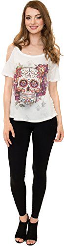 Sweet Gisele Woman Sugar Skull Open Shoulder Tee | Beautiful Print Decorated with Sparkling Bling Rhinestones