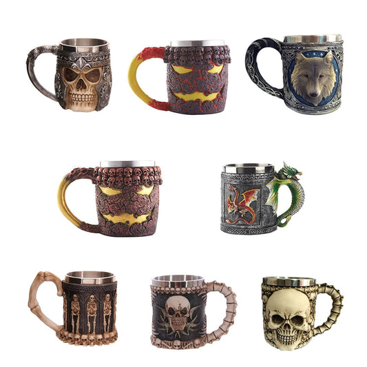 350ML Double Wall Stainless Steel 3D Skull Mugs Coffee Tea Bottle Mug Skull Knight Tankard Dragon Drinking Kup Milk