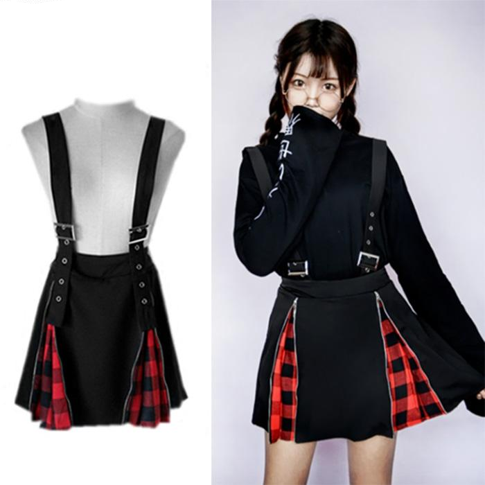 Women's Harajuku Grid Zipper Gothic Black Skirts.Ladies Rock Punk Metal Buckle Strap Skirt.Girl Lolita Suspender Skirt Overalls