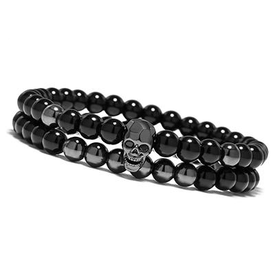 Steampunk Metal Smile Skull Bracelets Set Elastic Black Beads Chain Skeleton