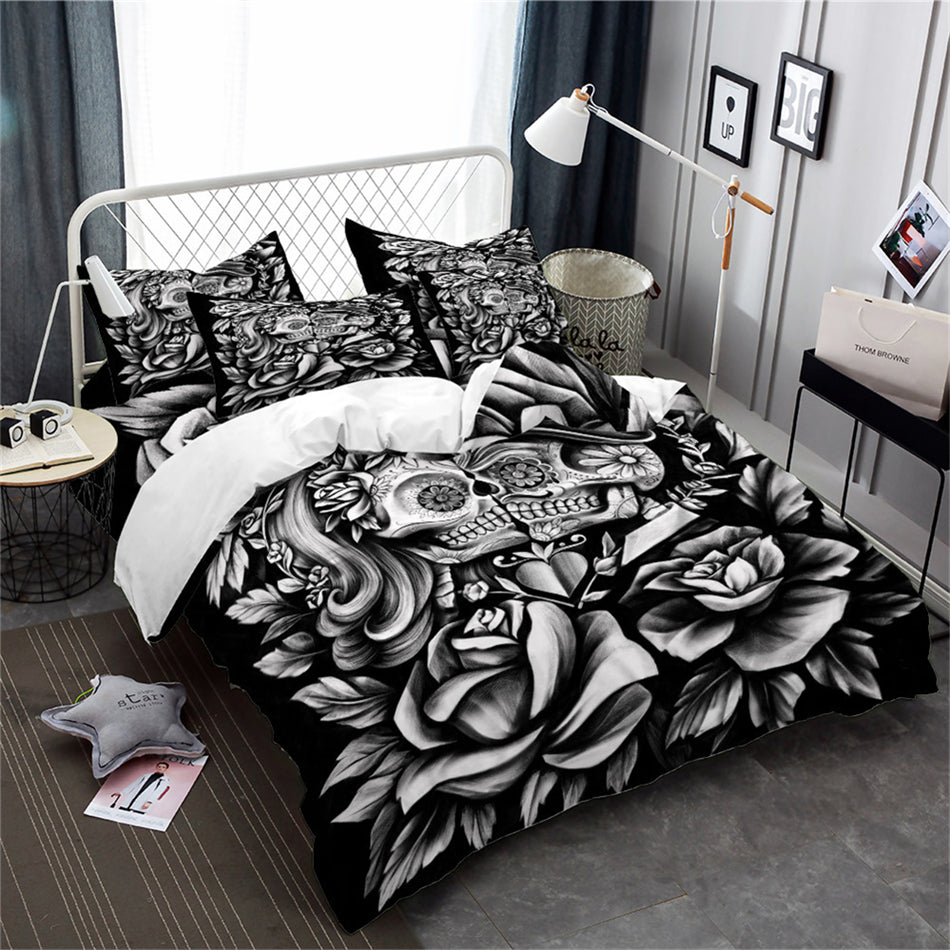 3D Couples Duvet Cover Set Rose Sugar Skull Bedding Set King Queen Quilt Cover