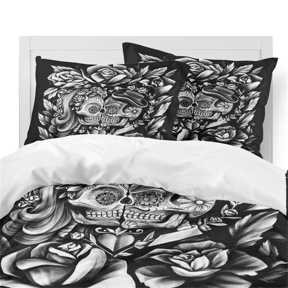 3D Couples Duvet Cover Set Rose Sugar Skull Bedding Set King Queen Quilt Cover