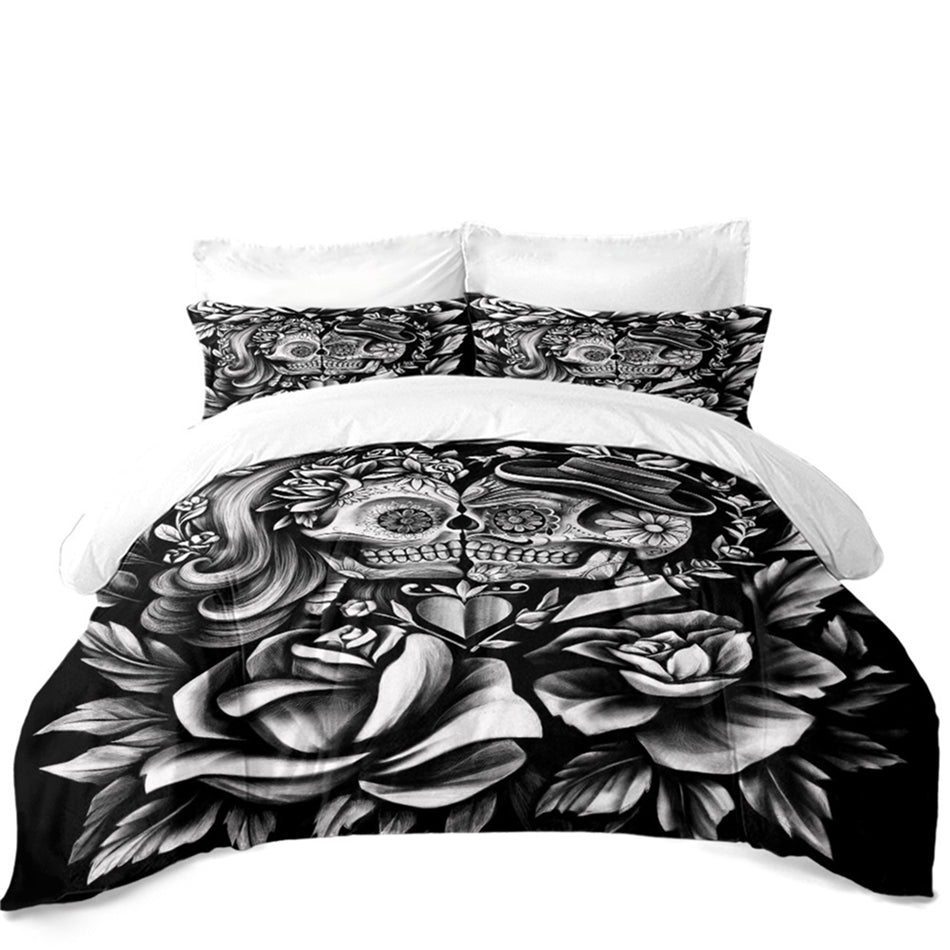 3D Couples Duvet Cover Set Rose Sugar Skull Bedding Set King Queen Quilt Cover