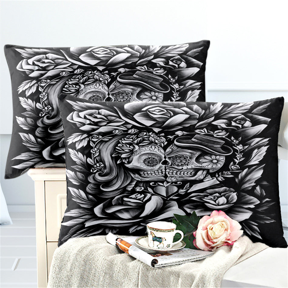 3D Couples Duvet Cover Set Rose Sugar Skull Bedding Set King Queen Quilt Cover