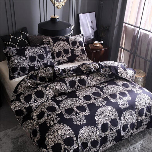 3D Skull Bedding sets,Digital Printing Day of the Dead Sugar Skull with Floral 3Piece Duvet Cover Sets,Black Gray cotton Bedding