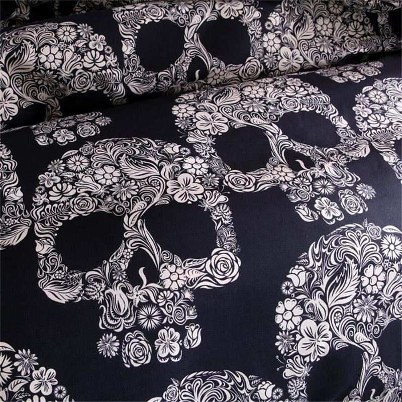 3D Skull Bedding sets,Digital Printing Day of the Dead Sugar Skull with Floral 3Piece Duvet Cover Sets,Black Gray cotton Bedding