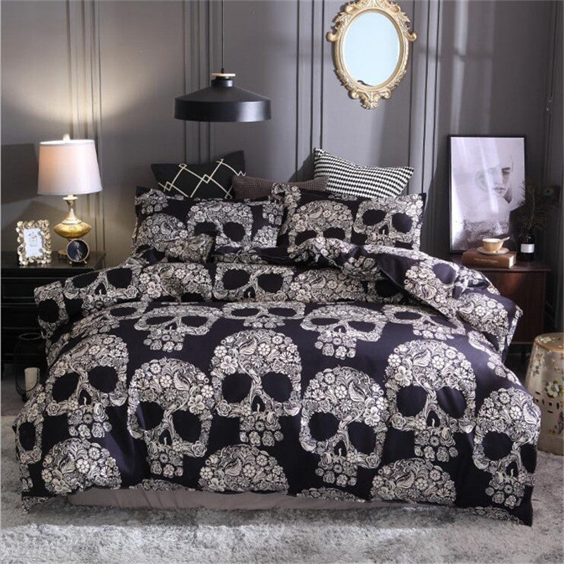 3D Skull Bedding sets,Digital Printing Day of the Dead Sugar Skull with Floral 3Piece Duvet Cover Sets,Black Gray cotton Bedding