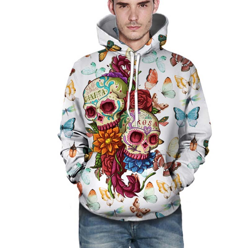 3D Skull Butterfly Rose Men Hoodies Sweatshirts