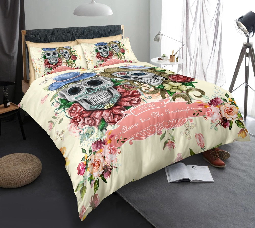 3D Sugar Skull Flowers Beddingt set With Pillowcases