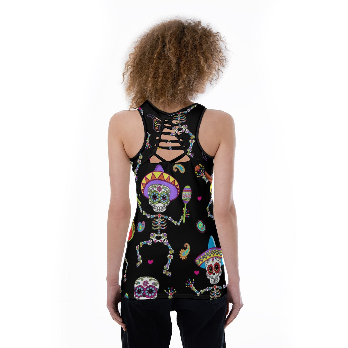 Dia de los muertos skull Women's Back Hollow Tank Top, sugar skull skeleton tank top for women