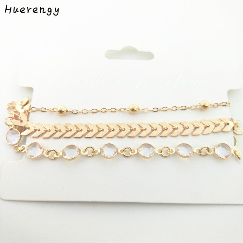 3pcs / Set New Fashion Crystal Sequins Anklet for Women Bracelet on The Leg Foot Jewelry Vintage Beach Chain Ankle Gift
