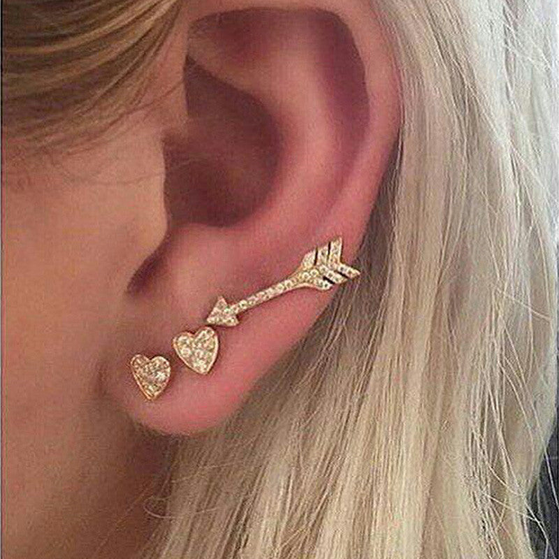 3pcs/set Gold Color Crystal Small Stud Earrings for Women Romantic Arrow Heart Earrings Cute Jewelry Christmas Gift brinco