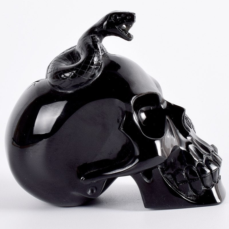 4 Inch Cranial Skeleton Cobra Snake Habitat Skull Statue Obsidian Hand Carved Gothic Graveyard Death Stone Skull Figurine