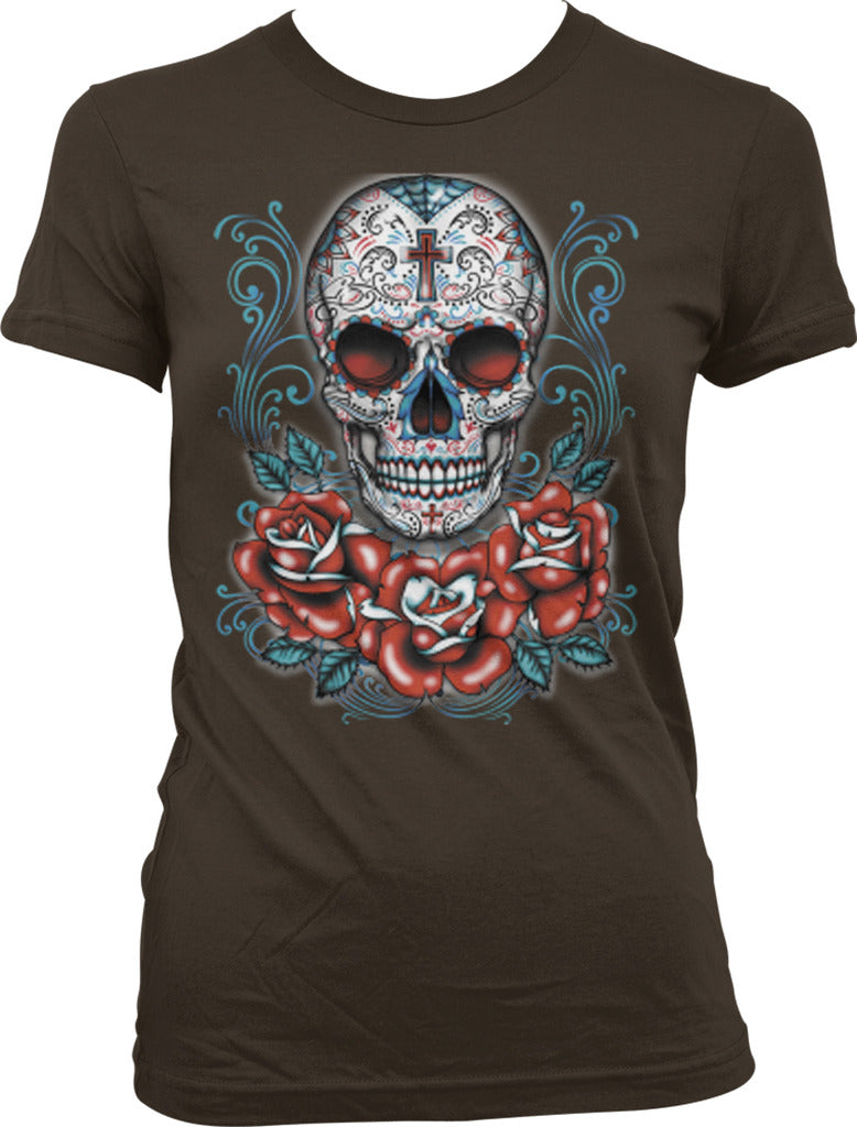 Sugar Skull and Roses - Day of the Dead Skull Art Juniors T-shirt
