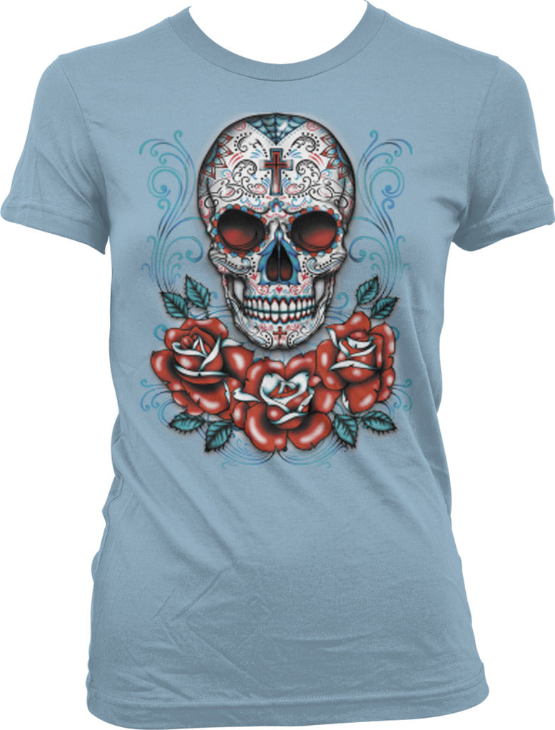 Sugar Skull and Roses - Day of the Dead Skull Art Juniors T-shirt