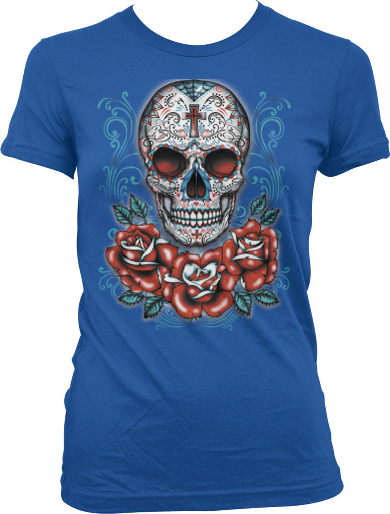Sugar Skull and Roses - Day of the Dead Skull Art Juniors T-shirt