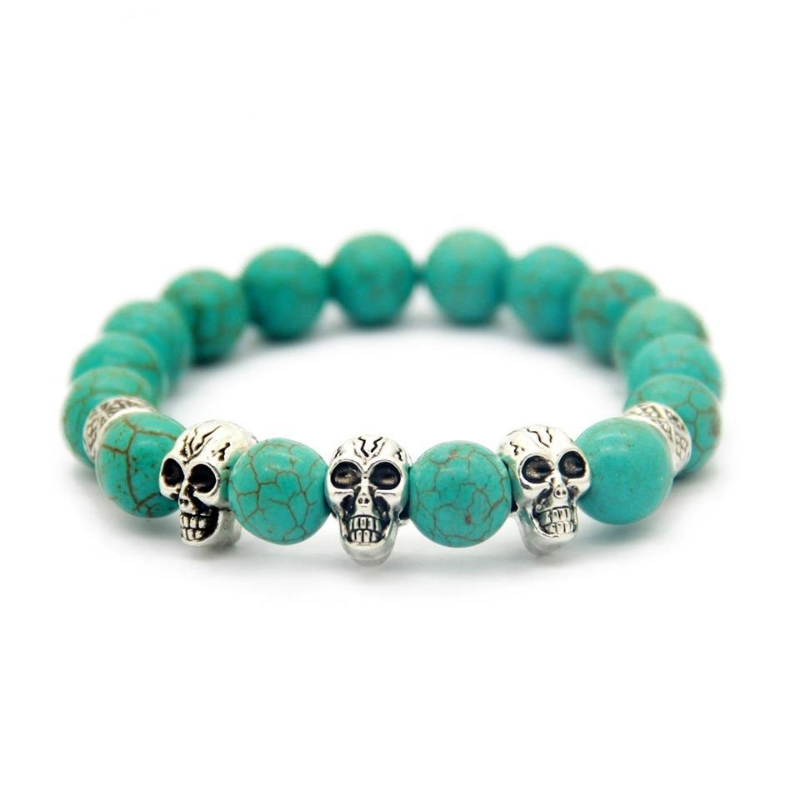 Retail New Jewelry 10mm High Quality Created Stone Beads Antique Silver Color Skull Elastic Bracelets
