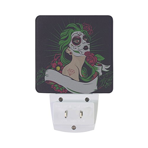 2 PC Plug-in LED Night Lights with Sugar Skull Girl with Flower Nightlights with Dusk to Dawn Sensor White Light Perfect for Bathroom Kitchen and Hallway Set 2