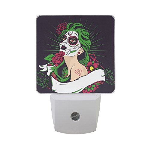 2 PC Plug-in LED Night Lights with Sugar Skull Girl with Flower Nightlights with Dusk to Dawn Sensor White Light Perfect for Bathroom Kitchen and Hallway Set 2
