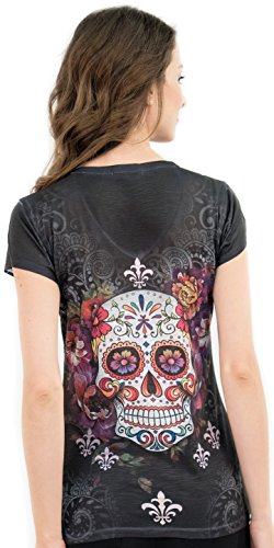 Sweet Gisele Sugar Skull V-Neck T Shirt Day of The Dead Rhinestones Bling for Women Black