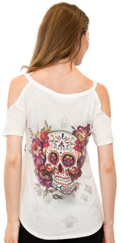 Sweet Gisele Woman Sugar Skull Open Shoulder Tee | Beautiful Print Decorated with Sparkling Bling Rhinestones