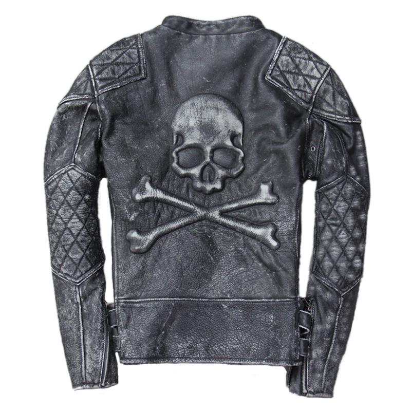 Vintage Men Leather Jacket Skull Calfskin Cowhide Motorcycle Jacket Motor Biker Clothing Distressed Leather Coat M135