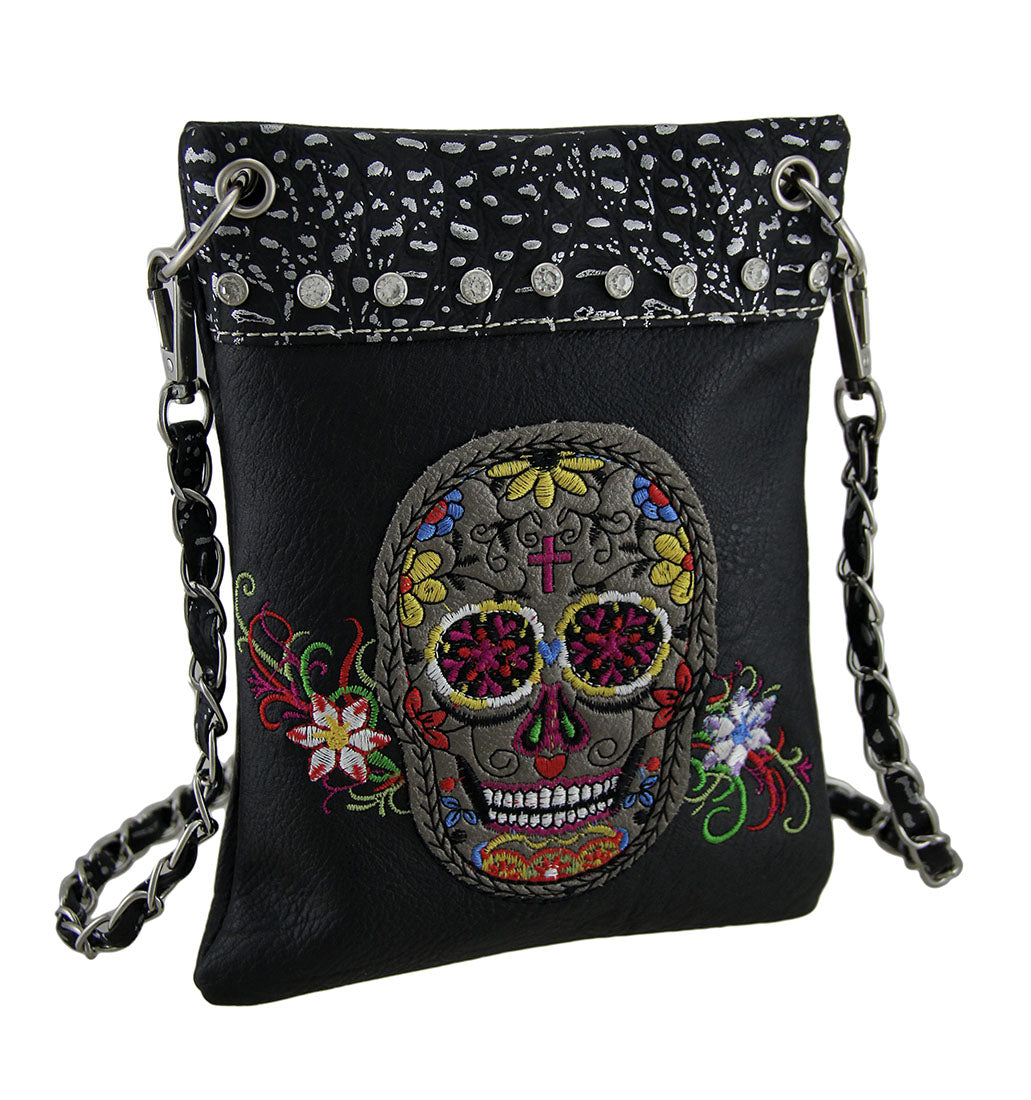 Zeckos Embroidered Sugar Skull Rhinestone Trim Crossbody Purse