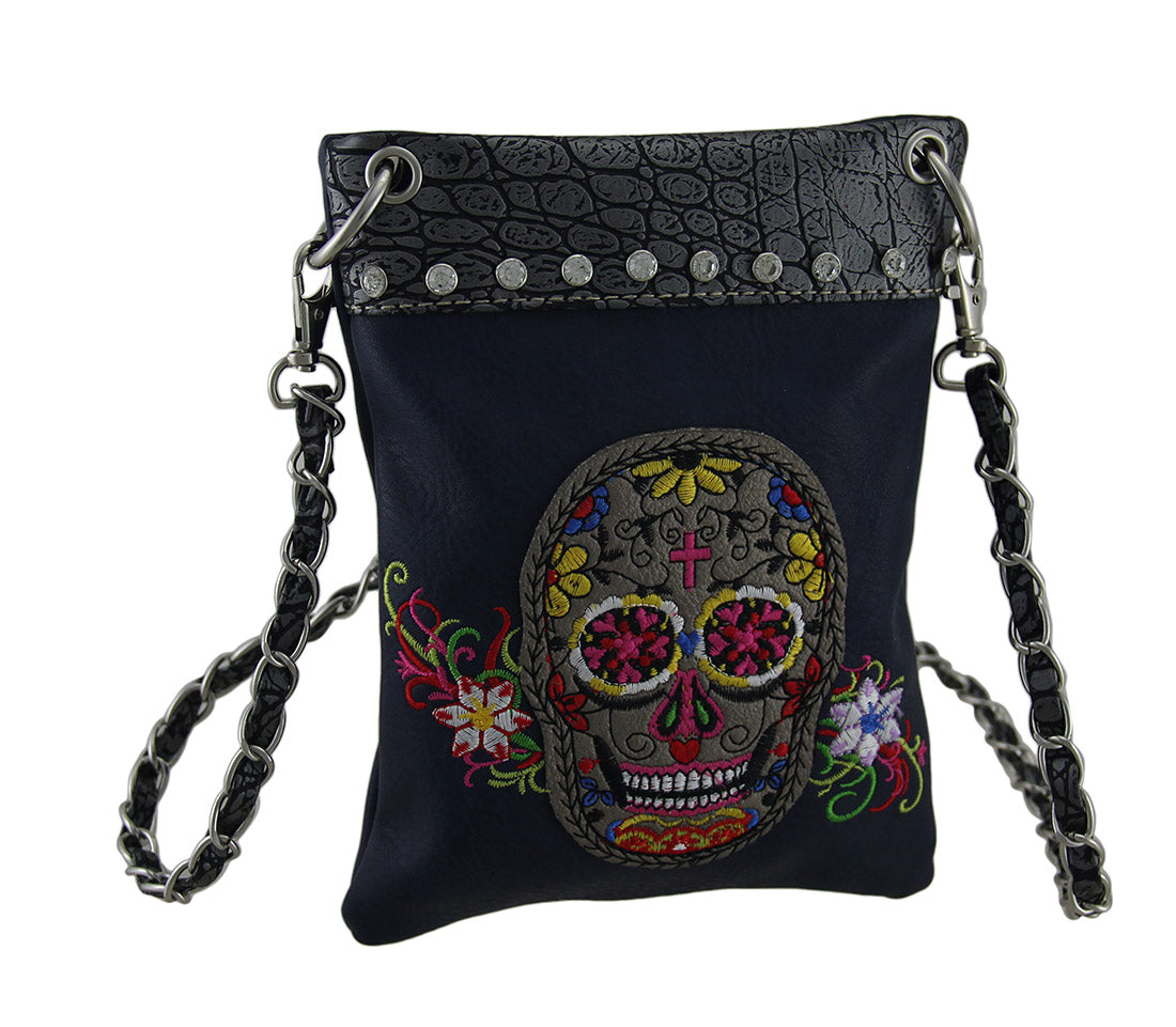 Zeckos Embroidered Sugar Skull Rhinestone Trim Crossbody Purse